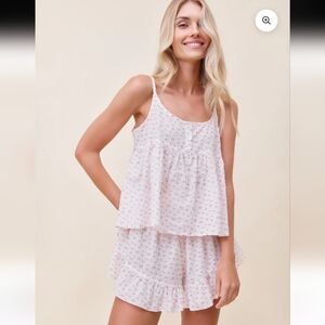 Papinelle White Pink Frilly Ruffle Swiss Dot Tank PJ Lounge Set Size M